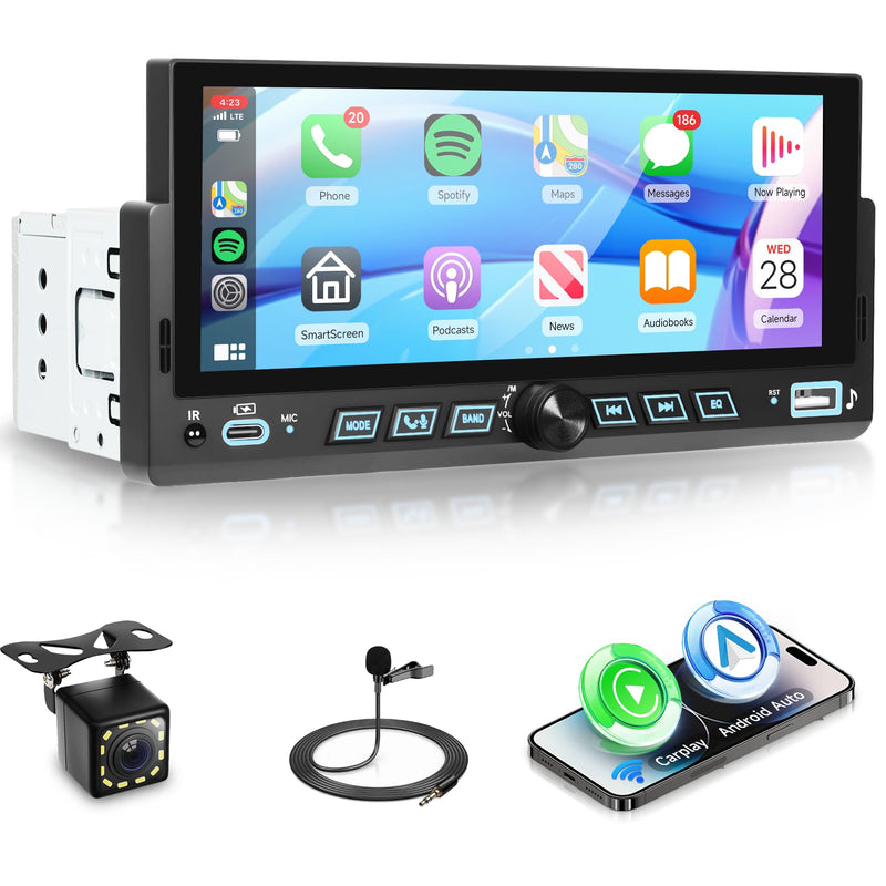 Single Din Car Stereo, 6.86" Touch Screen Car Radio with Wireless & Wired CarPlay Android Auto, Bluetooth FM USB EQ Mirror Link Steering Wheel Control + 12LED Backup Camera 6.86 Inch with Knob