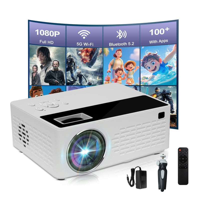 [Built-in Apps] 5G WiFi Bluetooth Smart Projector,Comes with a mini stand ,Mini Projector with Stereo Speaker,4K support HD Portable Projector, Compatible with TV Stick Smartphone/ pc/USB (With Apps) With Apps