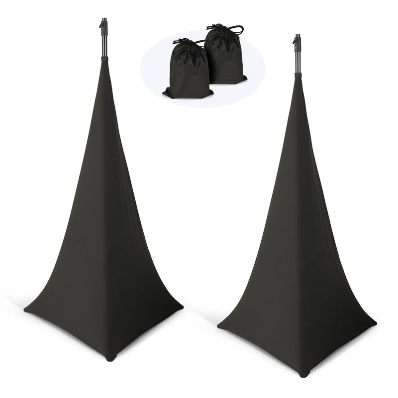 2 Pcs Speaker Stand Cover 360 Degree Black Speaker Skirt Cover DJ Tripod Stretchable Scrim with Storage Bag for Stage Gig Party Wedding Banquet