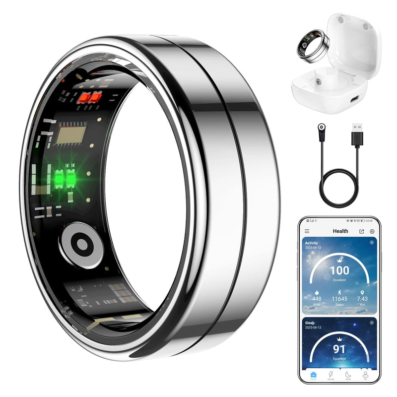 Fit Ring for Women Men, Ring Health Tracker with Heart Rate,Blood Oxygen,Heart Rate Variability, Stress, Sleep Monitor, Step Counter, Smart Ring for iPhone & Android, No Subscription Fee (Silver, 11#)