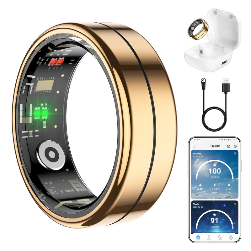Fit Ring for Women Men, Ring Health Tracker with Heart Rate,Blood Oxygen,Heart Rate Variability, Stress, Sleep Monitor, Step Counter, Smart Ring for iPhone & Android, No Subscription Fee (Gold, 11#)