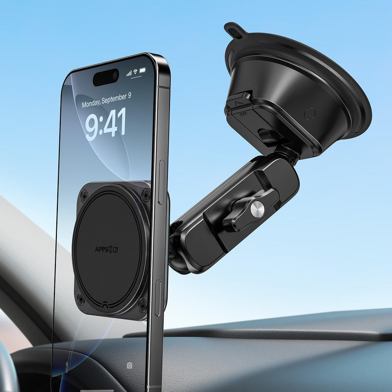 APPS2Car Heavy-Duty Vacuum Suction Phone Mount for Car Windshield Dashboard | Industrial 20x N55 Magnet, Alloy Arm, Ultra-Stable Suction Cup Magnetic Phone Holder for iPhone MagSafe/Samsung/Android