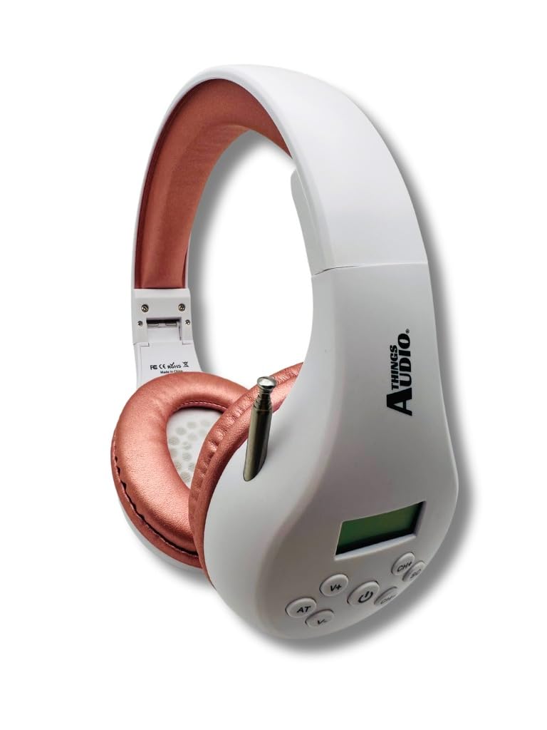 KQEC FM Radio Headphones, White & Rose Gold | Adjustable, Pull-Out Antenna, Portable Personal Radio, Battery Powered