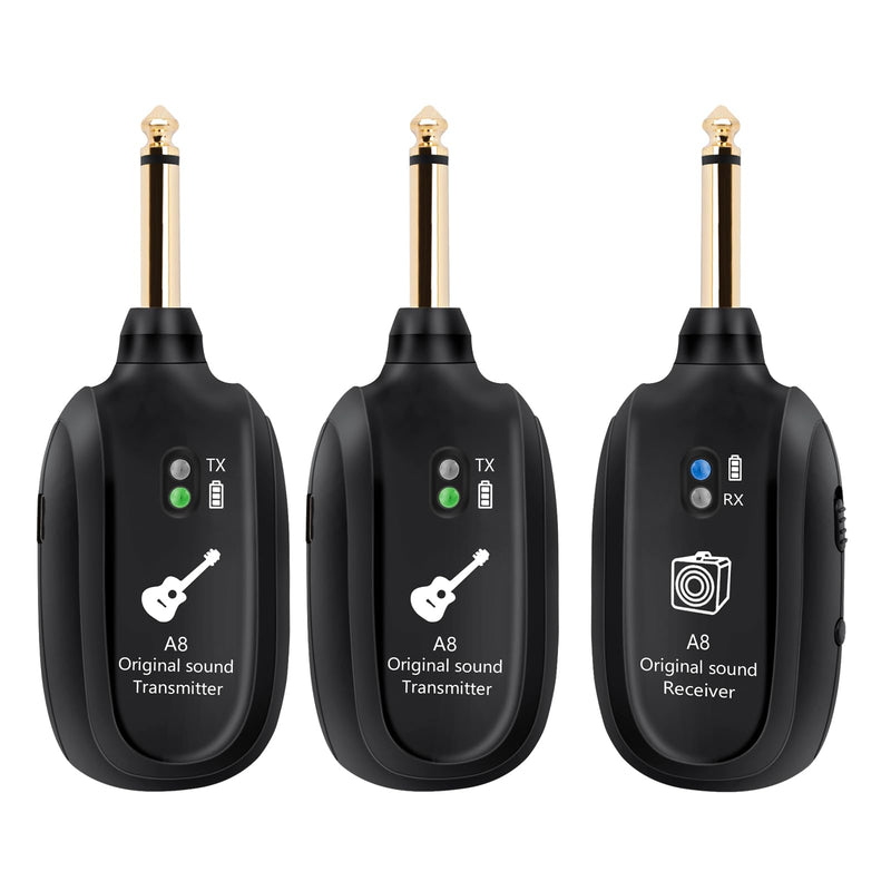 A8 Wireless Guitar Transmitter Receiver System - 2.4GHz Rechargeable, 24-bit/48KHz Audio, Low Latency <4ms for Electric Guitar & Bass - Clean Wireless Audio for MUSIC and BASS GUITARS 2(2TX+1RX) A8 Wireless Guitar System (2TX+1RX)