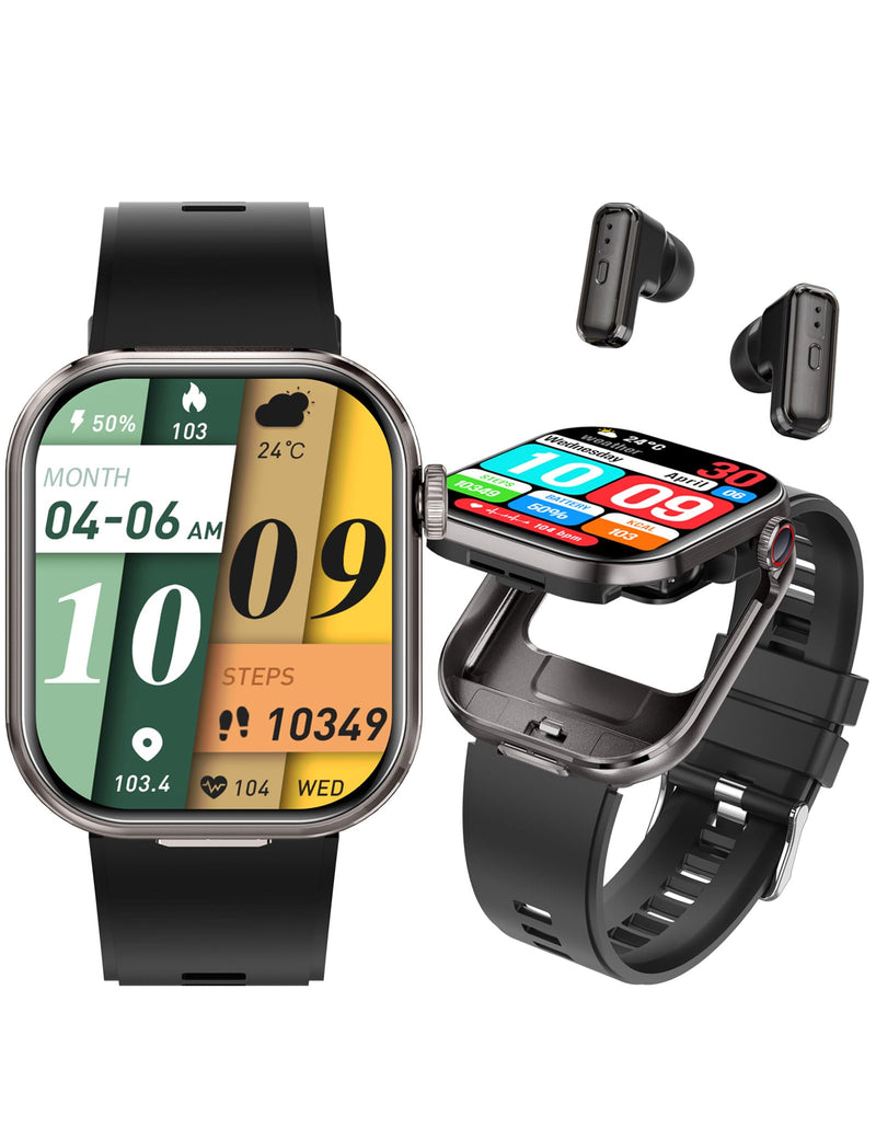 ZJX Smartwatch with Earbuds, 2.02" HD Screen Fitness Watch, Take/Dial Calls, 2-in-1 Smartwatch with TWS Headset, Waterproof Sports Fitness Tracker, Long Standby Time Black Orange