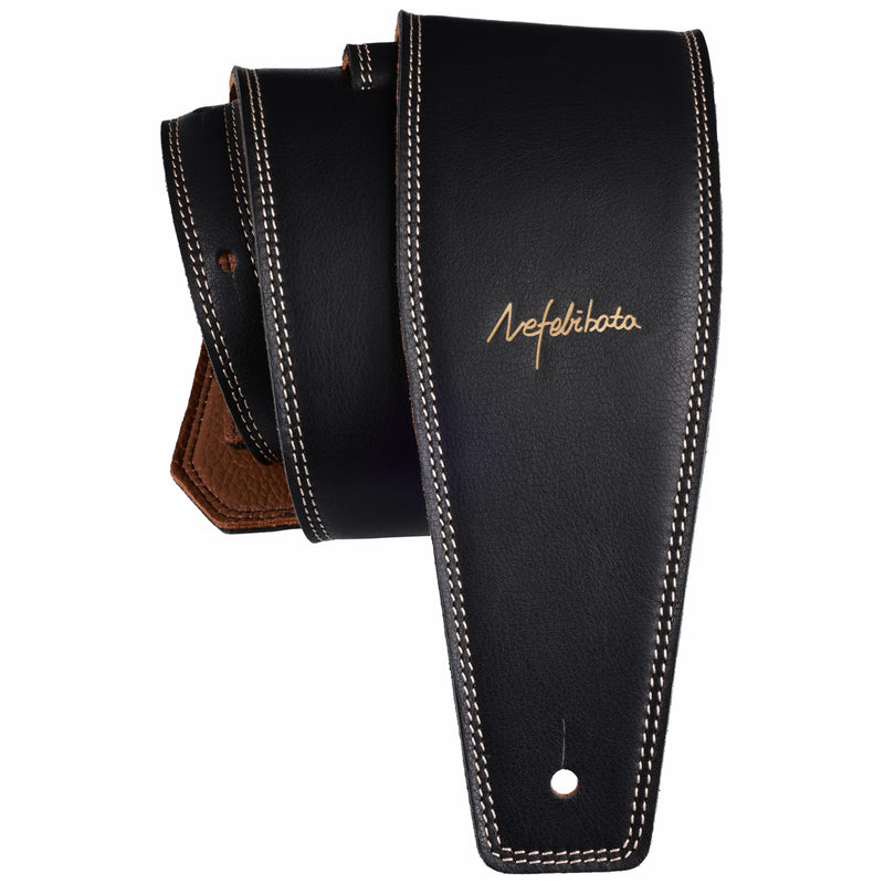 Nefelibata Guitar Strap Black, Soft Full Grain Leather, 3.8" Wide, Adjustable Length 49" to 57" with Foam Padding for Bass, Electric, and Acoustic Guitars