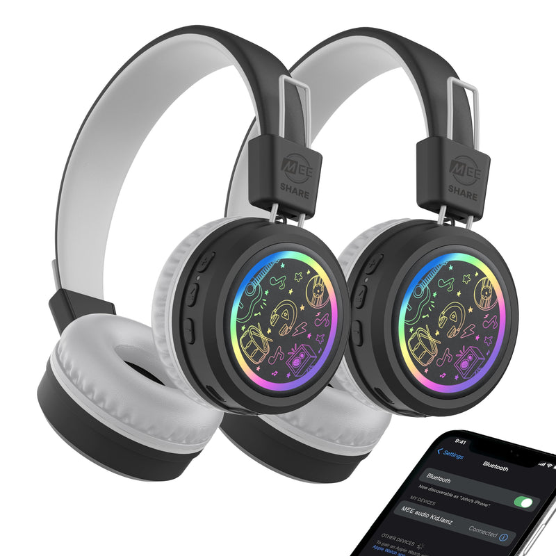 MEE audio KidJamz Share Bluetooth Headphones for Kids with LED Lights, 85dB Volume Limiter, Microphone, 40h Battery; Childrens Headset for School/iPhone/iPad/Tablet (Model: KJ55BT-S, 2-Pack) Black Share (2-Pack)