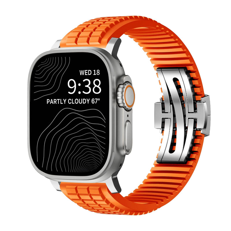 FKM Rubber Band Compatible with Apple Watch Ultra 2 Bands for Men 49mm 46mm 45mm 44mm, Luxury Rugged Silicone Strap with Metal Connector for iWatch Series 10 9 8 7 6 5 4 3 2 1 SE Orange-Silver 49mm/46mm/45mm/44mm/42mm(Series 3 2 1)