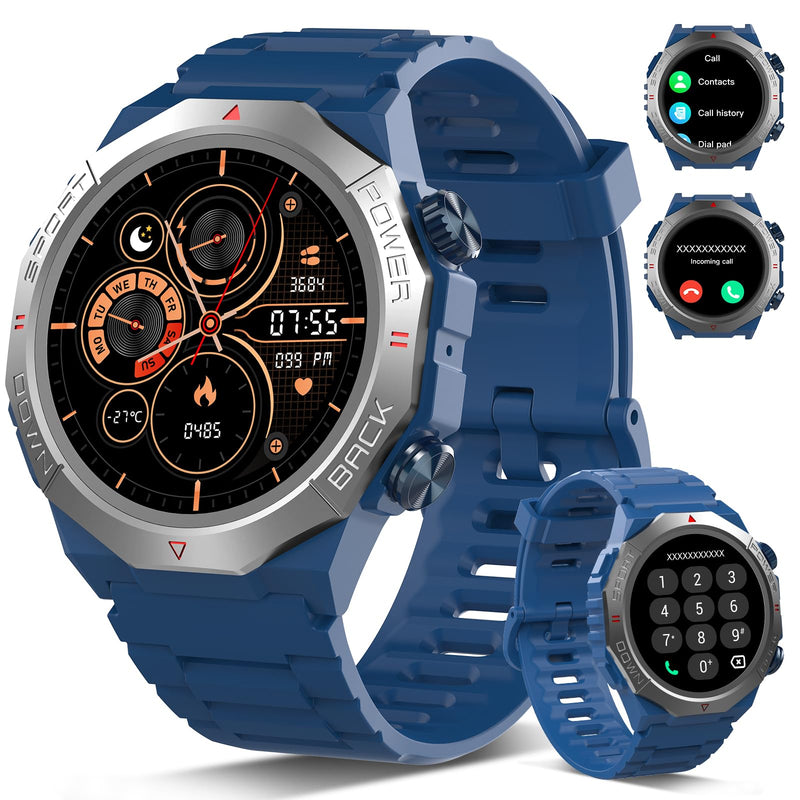 Military Smart Watches for Men(Answer/Make Calls), 1.39"HD Fitness Watch, 24/7 Heart Rate Sleep Monitor, Smart Watch for Men 110+ Sport Modes, 30Day, IP68 Waterproof Smartwatch for Android iOS, Blue