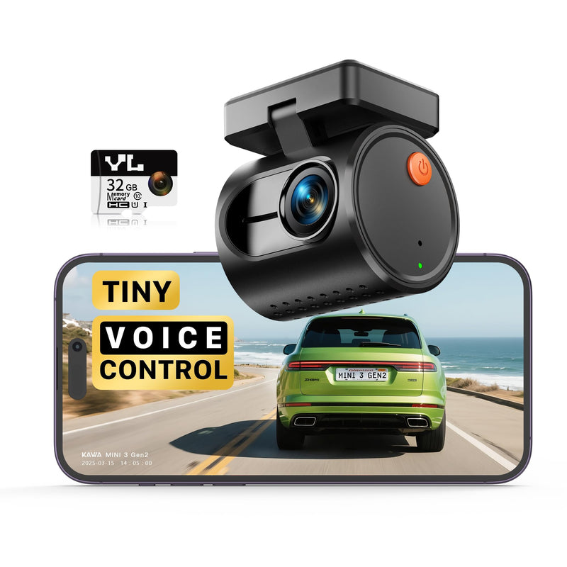 KAWA 2K Tiny Dash Cam, 1296P QHD Mini Car Camera DashCam - Voice Control, G -Sensor, Free 32GB TF Card, Built-in WiFi, APP Control, WDR/3D DNR with Super Night Vision, 24H Parking Mode Black