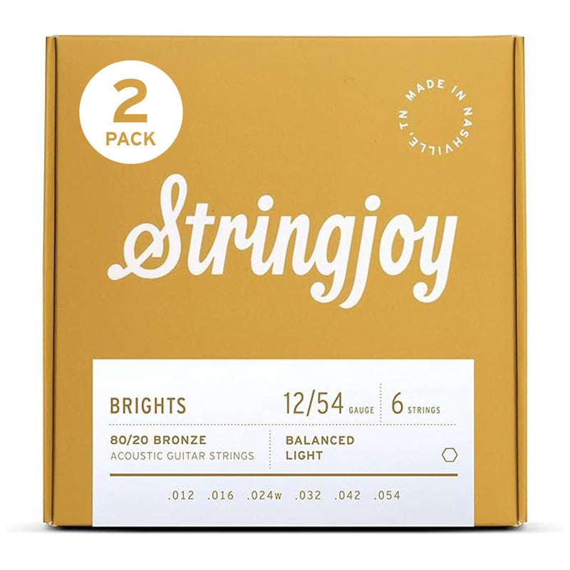 Stringjoy Balanced Light Gauge Brights 80/20 Bronze Acoustic Guitar Strings 12-54, BB1254, Vibrant Tone & Optimal Playability, Acoustic 6 String Set, 2-Pack 12-54 Light Gauge