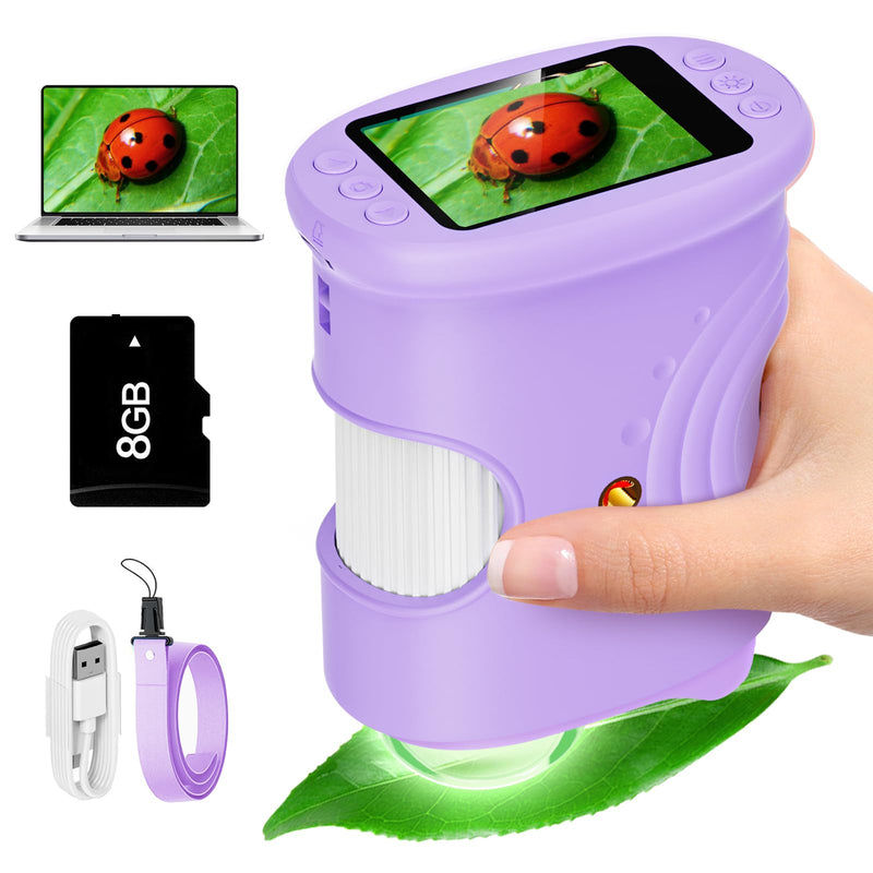 [AUSTRALIA] - Alotwan Kids Digital Microscope 1000X Zoom, Mini Pocket Handheld Microscope with Camera/Video/Telescope Function, Portable Outdoor Travel Toys for Boys Girls 3-8 Years STEM Gifts, 8GB SD Card Included Purple 