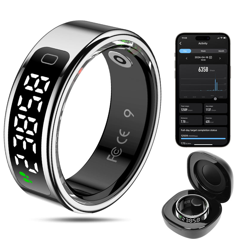 Smart Ring Health Tracker for Men/Women,Fitness Ring Sleep Tracker with LED Display Sreeen,Fast Charging,Health and Sleep Monitoring,Motion Tracking,Female Cycle,Waterproof(Silver,11) 11 Silver