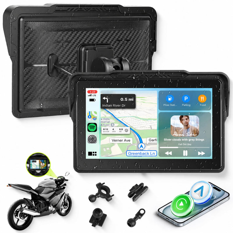 Rimoody 7-Inch Motorcycle Carplay Screen with Wireless Carplay Android Auto for Car, Bluetooth, Supports GPS Navigation, IP68 Waterproof, Detachable Mount, Tire Pressure Monitor, Voice Control 7 Inch Tire Pressure Detection