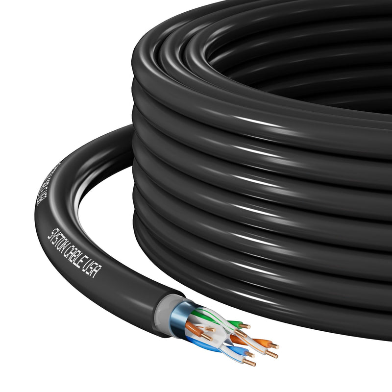 Syston Direct Burial Shielded Cat 6E Ethernet Network Cable, Bulk 600 MHz F/UTP 23 AWG Pure Bare Copper Outside Plant (OSP) - Rated, Waterproof Dual-Layer Jacket for Outdoor Wet Location Application 100 FT