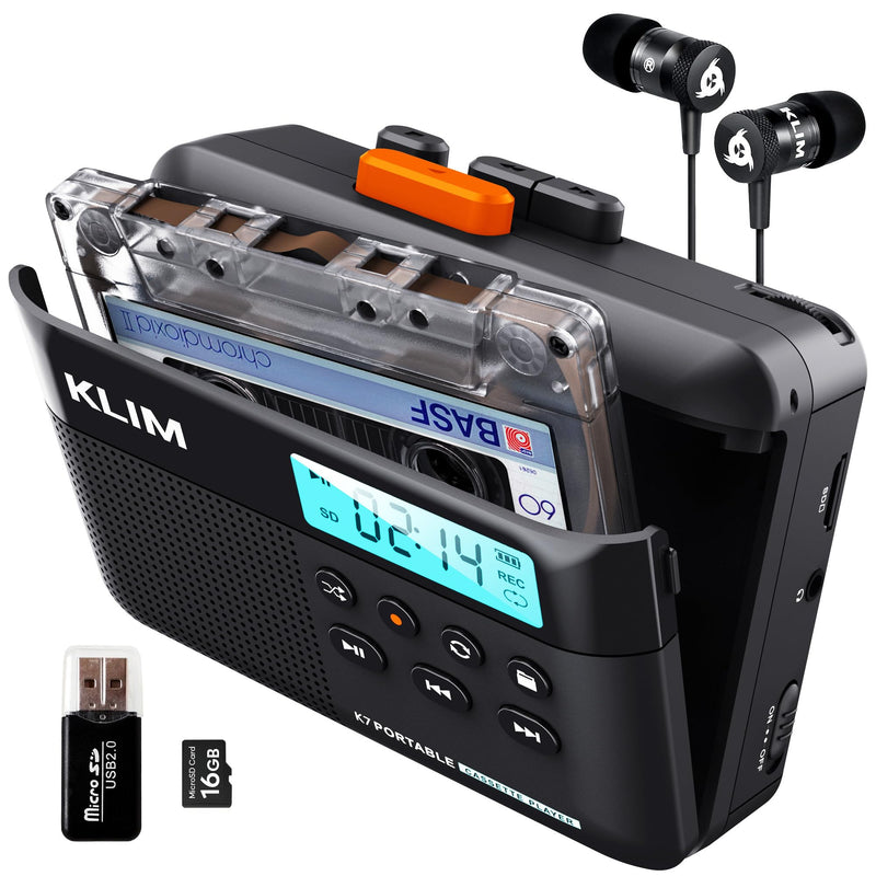 [AUSTRALIA] - KLIM K7 Cassette Tape Player - Cassette to MP3 Converter - Portable - Built-in Microphone & Speaker - Rechargeable Battery - Earphones - 16GB SD Card - Black-Orange Black Orange 