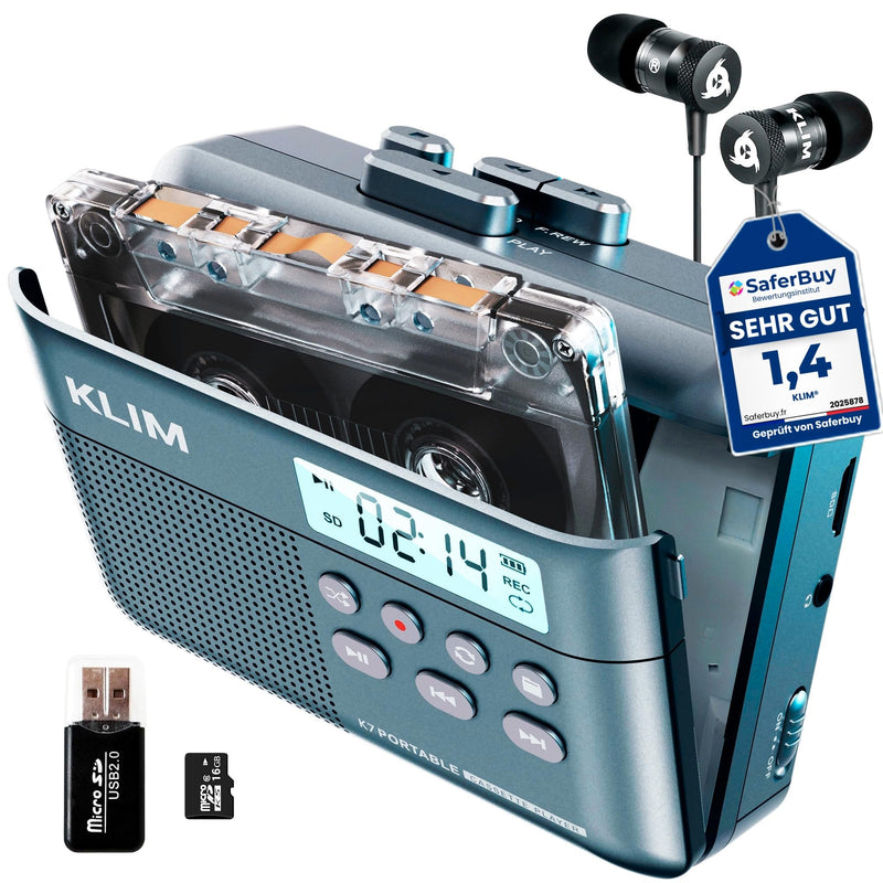 [AUSTRALIA] - KLIM K7 Cassette Tape Player - Cassette to MP3 Converter - Portable - Built-in Microphone & Speaker - Rechargeable Battery - Earphones - 16GB SD Card - Blue 