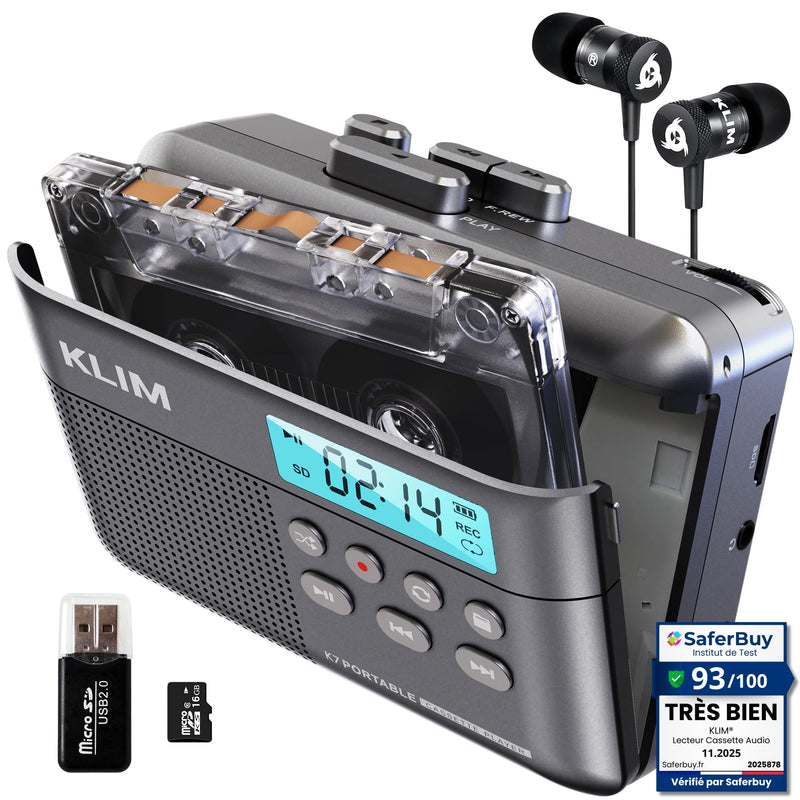 [AUSTRALIA] - KLIM K7 Cassette Tape Player - Cassette to MP3 Converter - Portable - Built-in Microphone & Speaker - Rechargeable Battery - Earphones - 16GB SD Card - Ash 