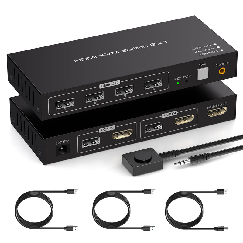 KVM Switch 1 Monitors 2 Computers HDMI KVM Switches 4K60HZ for 2 Computers Sharing Single Monitor and Keyboard Mouse Hard Drives Printer with Two USB Cables and Wired Controller SW201ABC Deep Black