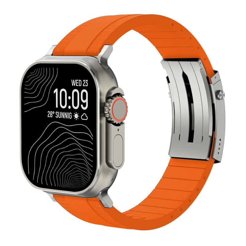 Ocean Luxe Band For Apple Watch Ultra 2 Bands for Men 49mm 46mm 45mm 44mm, Rubber Rugged Silicone Strap with Metal Connector for iWatch Series 10 9 8 7 6 5 4 3 2 1 SE Orange-Silver