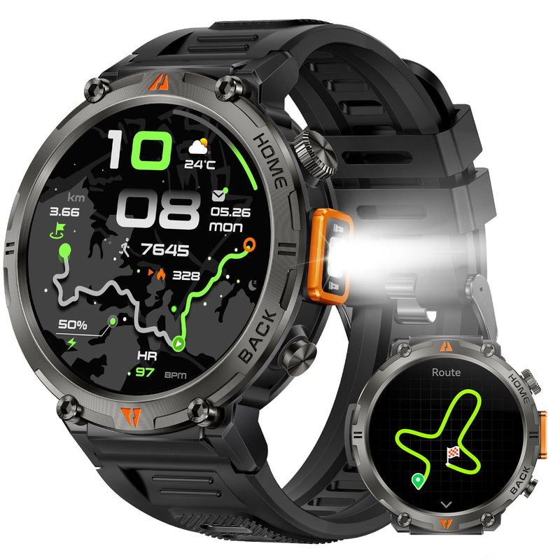 Military Smart Watches for Men Built-in GPS 3ATM Waterproof LED Flashlight | 1.45" Rugged Tactical Smartwatch with Compass/110+ Sports Modes Fitness Tracker with HR/SPO2/Sleep Monitor for iPhone Android Black orange