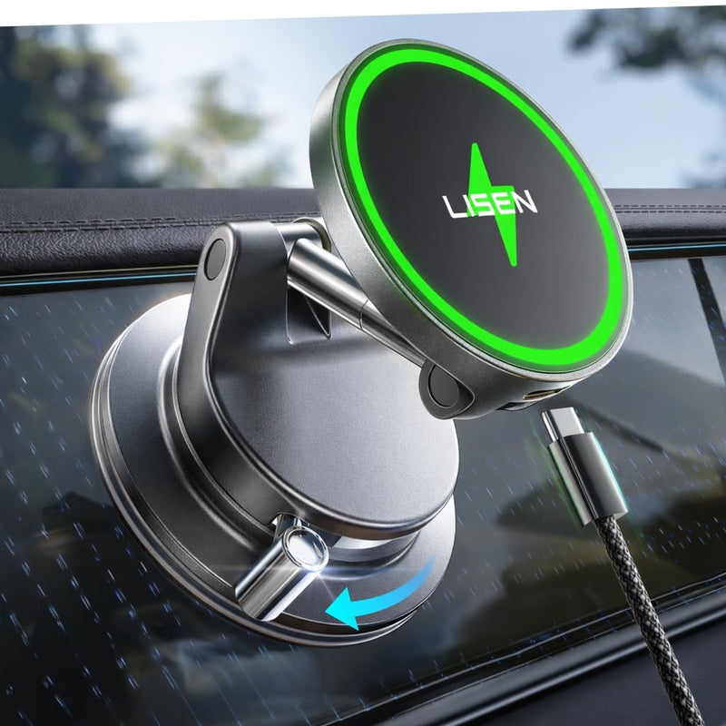 LISEN 15W MagSafe Car Mount Charger, Magnetic Wireless Car Phone Holder | [Easiest Mount] 96LBS Vacuum Suction Car Mount, 360° Magnetic Phone Holders for Your Car, for iPhone 17-12, Pixel 10, Samsung Black 1 Pack