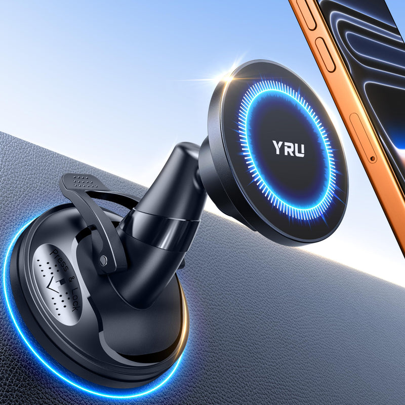 YRU [True Upgraded Military-Grade Phone Holder for Magsafe Car Mount 360° Rotating Vacuum Suction Dashboard, 2800gf Strongest Magnetic Windshield Phone Mount for iPhone 17 Pro Max 16 15 14,Black Black