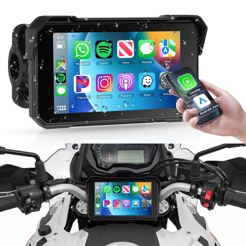 Motorcycle CarPlay Screen 5 inch Portable Wireless Carplay Android Auto for Motorbike Waterproof Touchscreen, Supports GPS Navigation, Bluetooth, IP68 Waterproof for Motorbike