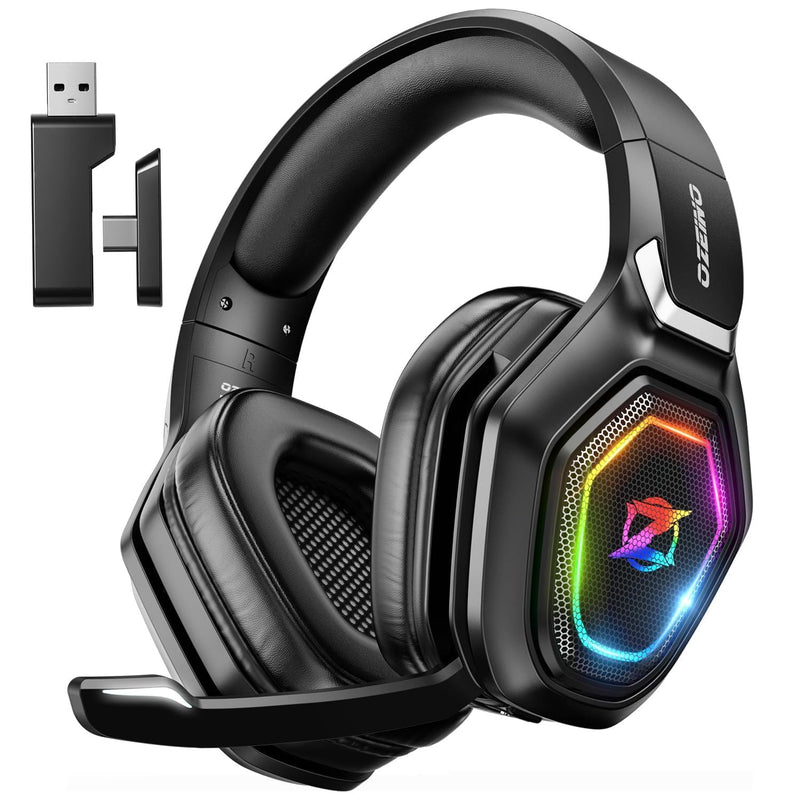 [AUSTRALIA] - Ozeino Wireless Gaming Headset with Flip Microphone, RGB Lighting Gaming Headphones for PS5, PS4, PC - 2.4GHz USB & Type C Transmitter Black 