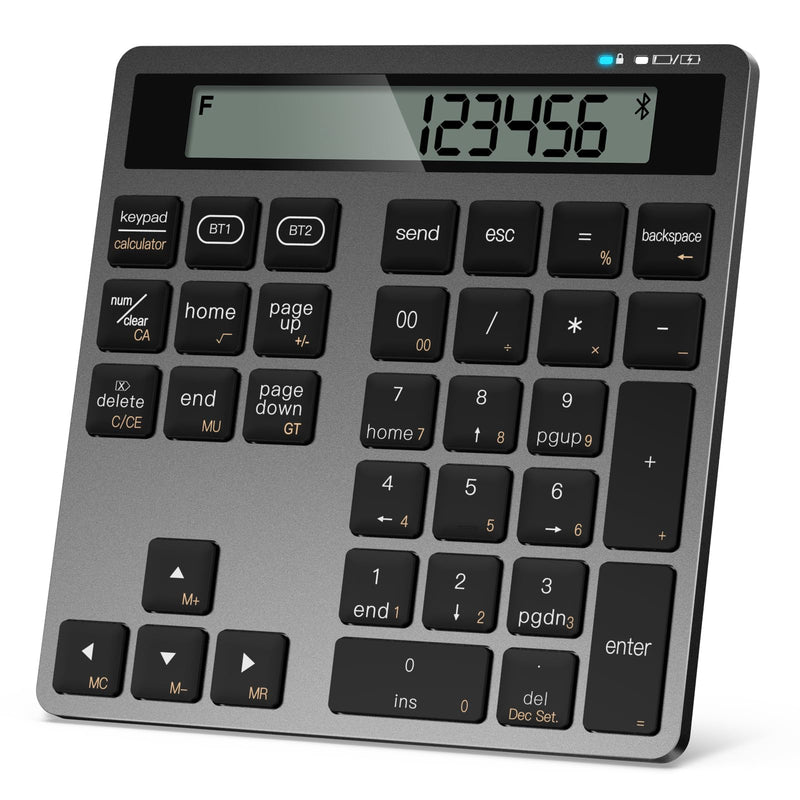 Rechargeable Wireless Number Pad for Laptop, 34 Keys Numeric Keypad with Dual Bluetooth & Display, 2-in-1 Numpad and Calculator, Slim Portable Number Pad Keyboard for Windows, Mac, PC, Tablet Bluetooth - Black