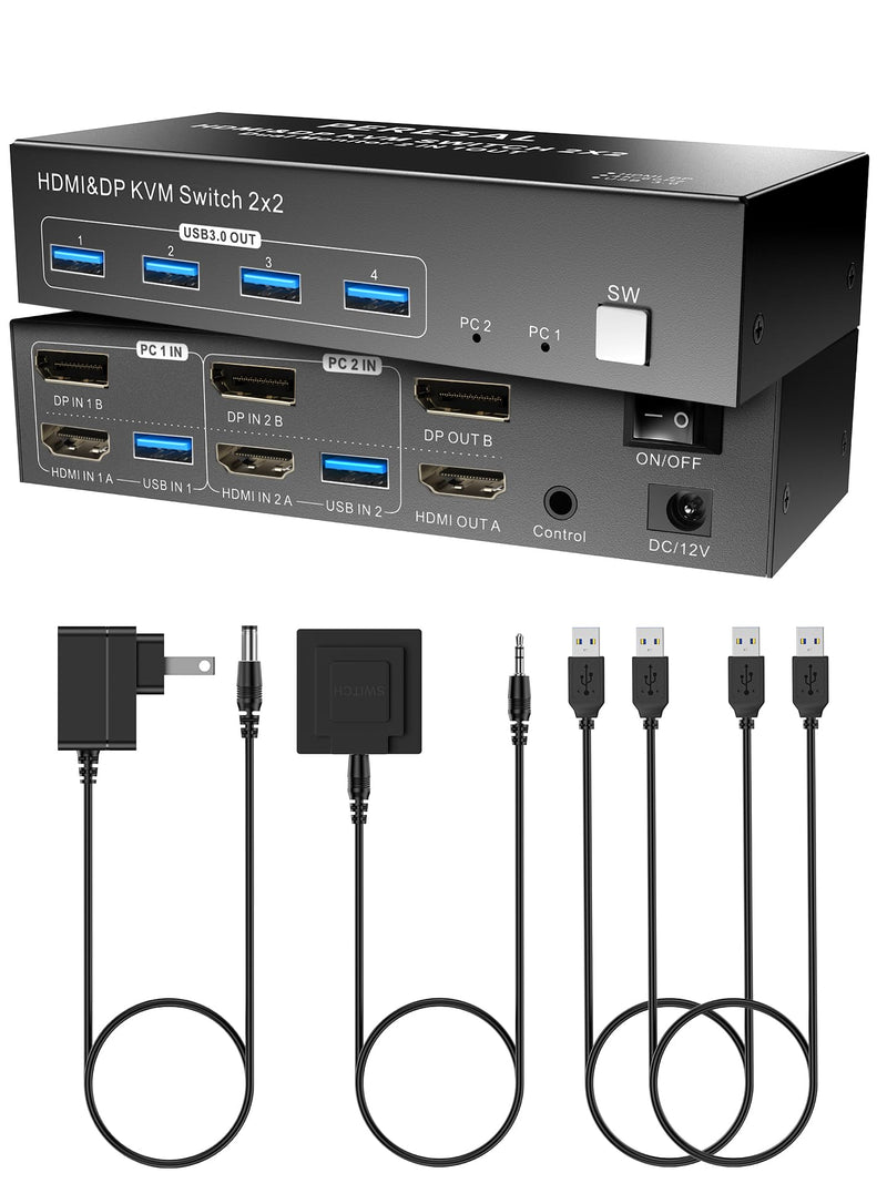 Dual Monitor HDMI DP KVM Switch, 2 Computers 4K60Hz Dual Monitor KVM Switches for Dual PC or Laptops,4 USB 3.0 Ports Support Extended/Copy Mode with DC 12V Adapter&Wired Controller Black