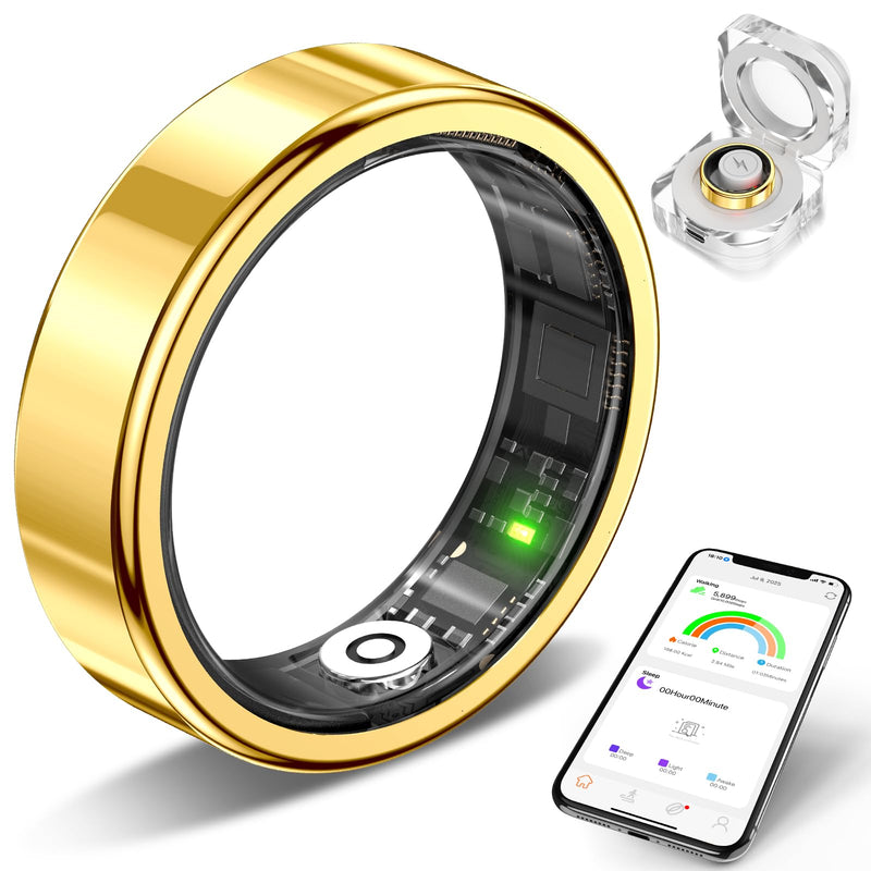 Smart Ring Fitness Tracker, Sleep & Health Tracking Ring for Men Women | Sleep & Fitness Monitor with Heart Rate Sensor, 5ATM Waterproof Tracker for Men & Women, iOS & Android Compatible (Gold, 10) Gold #10