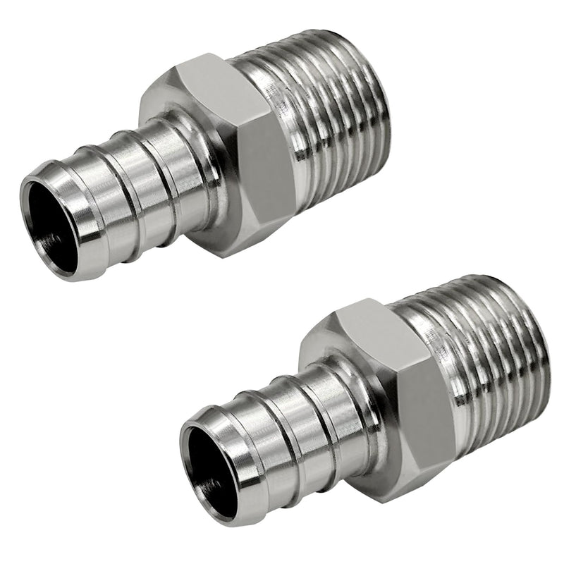 Barb Crimp PEX 1/2" x 3/8" NPT Male Thread Adapter Stainless Steel Crimp Fitting (Pack of 2) 1/2" PEX x 3/8" NPT Male