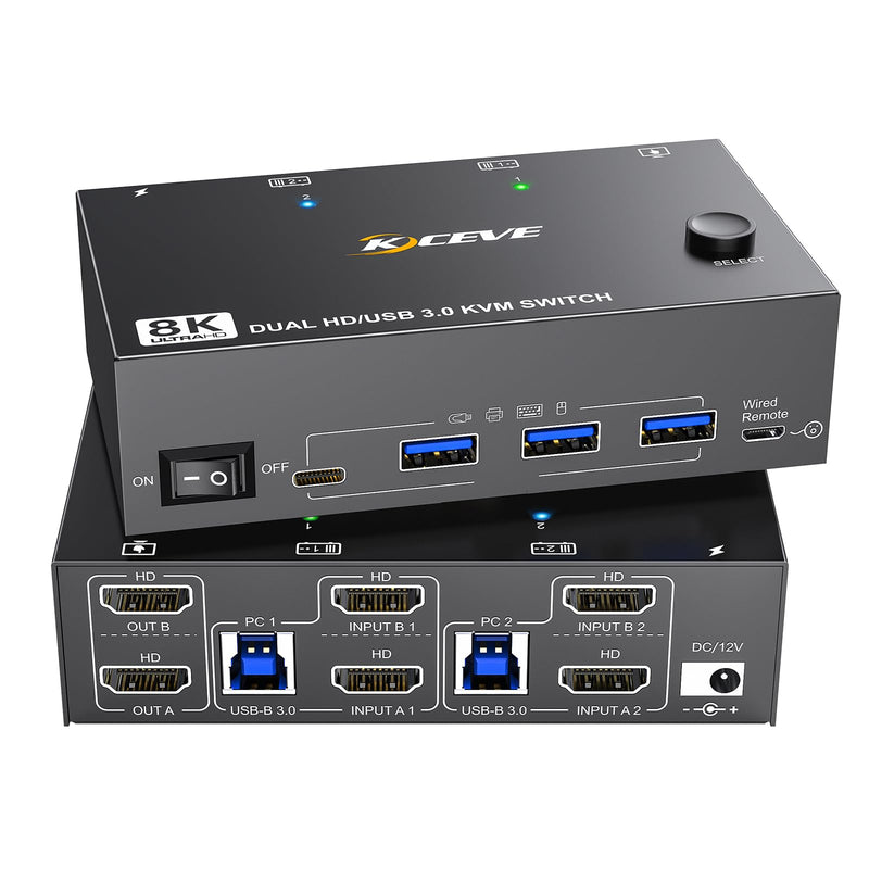 8K KVM Switch 2 Monitors 2 Computers HDMI, KCEVE Dual Monitor KVM Switches, Support 7680x4320@60Hz, 3840x2160@120Hz Resolution for 2 Computers Share Mouse Keyboard and Monitor Black 11.8 cm KVM 2 PC 2 monitor HDMI