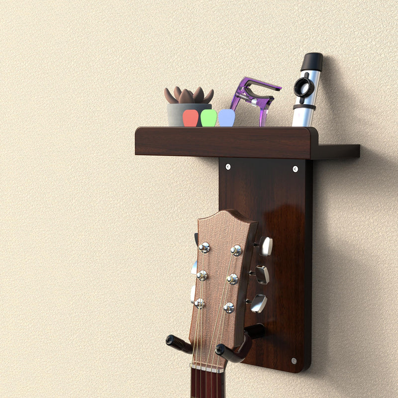 [AUSTRALIA] - Guitar Wall Mount Wood Hanger Oak Deep Wood Grain Color with Picks Holder Safe and Sturdy Wall Guitar Rack for Acoustic Electric Ukuleles Bass Mandolin Art Display 