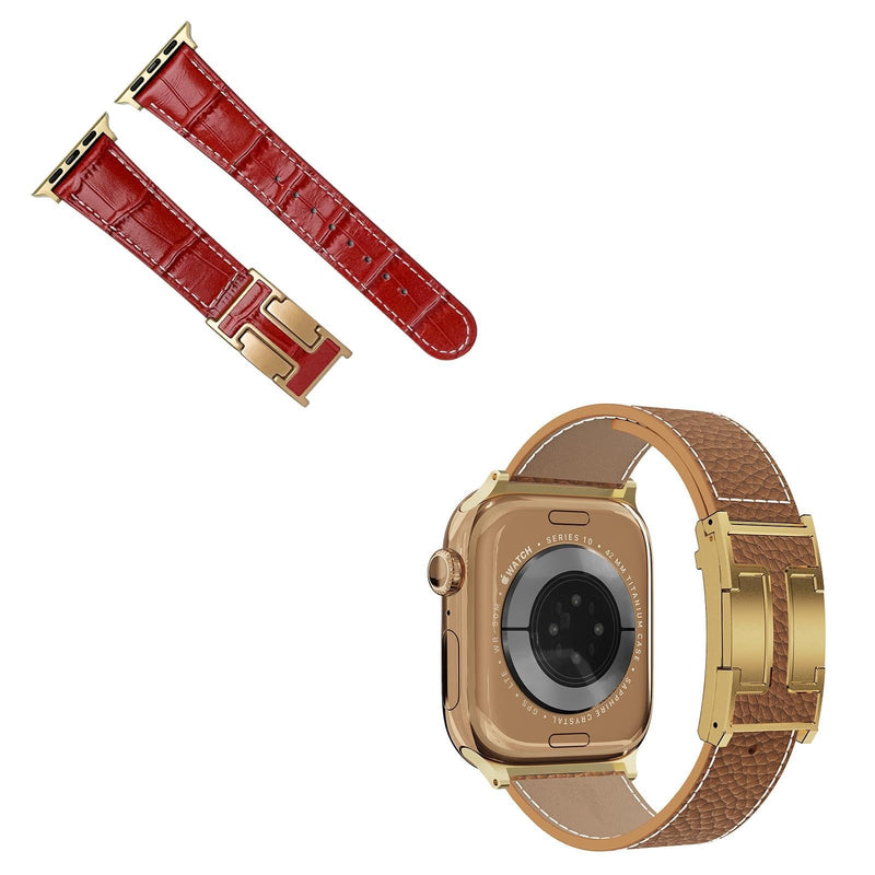 Red Alligator leather+Brown Leather Magnetic Watch Band