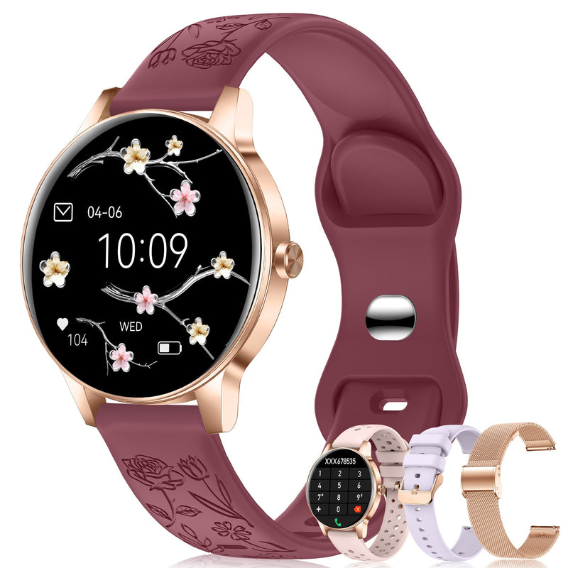 Smart Watch for Women(Answer/Make Call), 1.27'' Fitness Activity Tracker Watch with 130+ Sports Modes, Heart Rate Sleep Monitor, Pedometer, 41mm Smartwatch for Android iPhone Compatible (ROUND) Burgundy