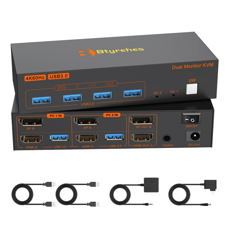 KVM Switch 2 Monitors 2 Computers,4K60Hz HDMI Displayport Dual Monitor KVM | Switch for 2 computers Sharing Mouse Keyboard and 2 Screens with 2 USB 3.0 Cables Controller Office · Gaming · Meeting Orange-Black HDMI+DP (2 PC 2 Monitors)