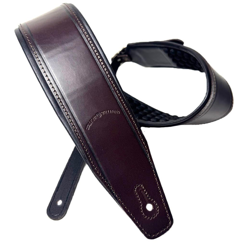 Walker And Williams FPB-43 Super Premium Full Length Grain Leather Air Cell Neoprene Backed Guitar Strap In Dark Hickory Brown Finish, Aged Nickel Buckle For Acoustic, Electric, And Bass Guitars.