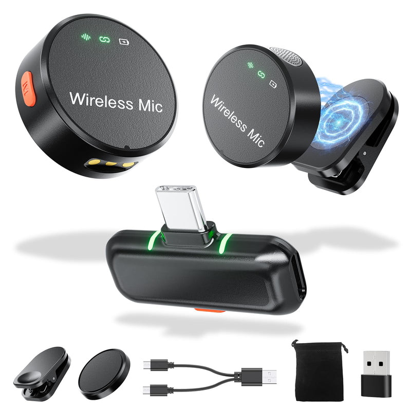 Wireless Lavalier Microphone for iPhone 15/16 & Android & PC, Magnetic Clip-On Lapel Mic with 2.4G Noise Canceling, Plug-Play Mini Microphone for Video Recording, Interviews, TikTok, YouTube USB-C RX to 2