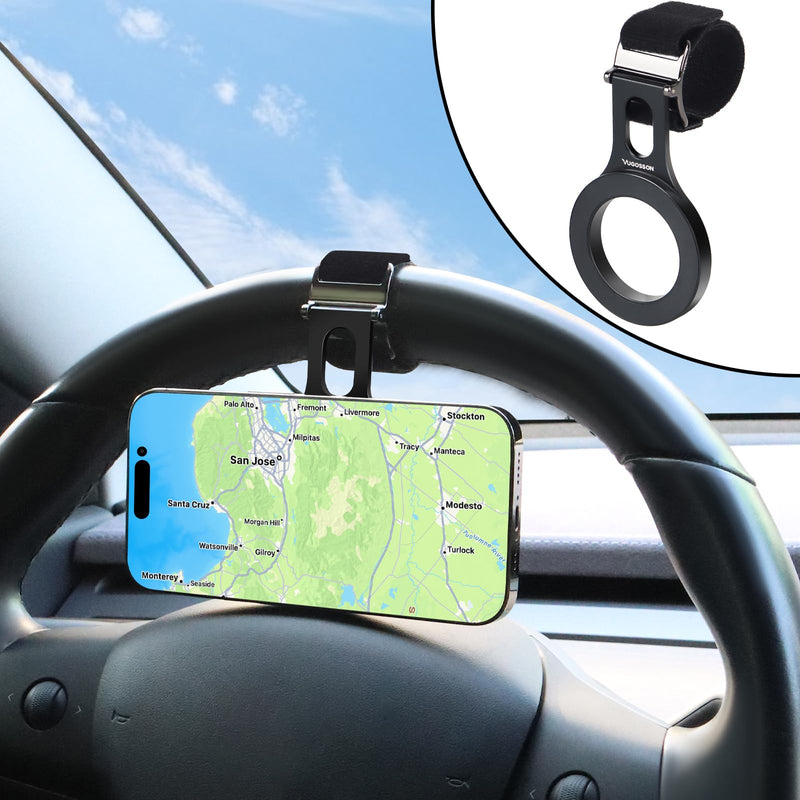 Magnetic Phone Holder for Car, Steering Wheel Phone Holder [Strong Magnet], for MagSafe, Adjustable Strap Compatible with Gym Equipment, Stroller, Shopping Cart, All Phone(Magnetic Ring Included) Black