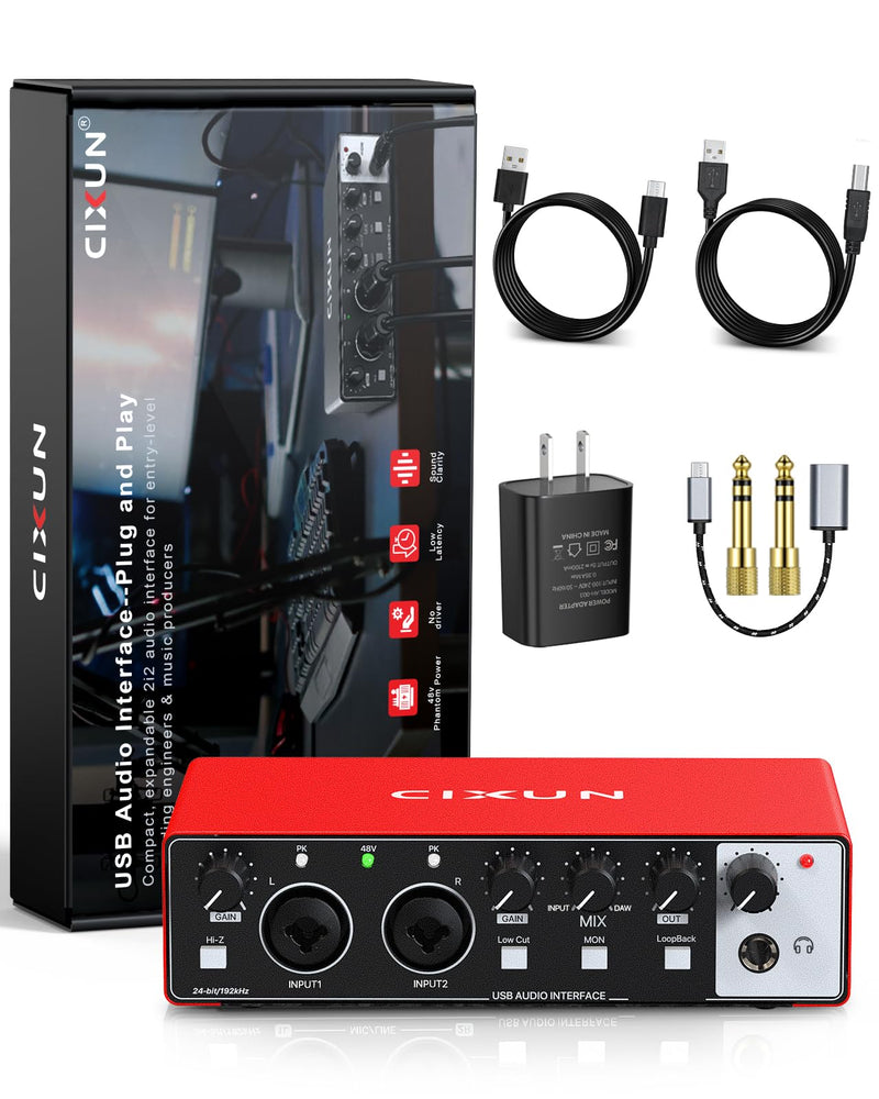 2i2 USB-C Audio Interface for PC/Mac Recording, 24-bit/192kHz, Dual TS/XLR Inputs, +48V Phantom Power, Studio/Podcast/Streaming (Scarlet) Scarlet (B-002)