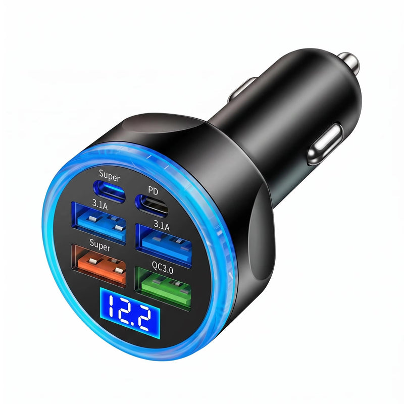 Full PD 30W Multi Port USB C Car Charger Adapter 6 in 1 with Voltage Display, PD4.0/QC4.0/PPS/AFC Super Fast Charging Cigarette Lighter Adapter with Volt Meter for MacBook iPhone Galaxy Android Phones Black
