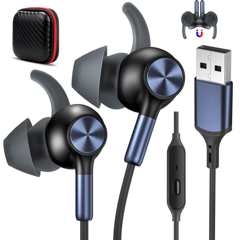 [AUSTRALIA] - USB Earbuds with Microphone for PC Laptop,Wired USB A Headphones with Mic& Earfins Hook for Computer Office Work,7.5ft Noise Canceling Stereo Computer Headset for Dell/HP/Chromebook Game School,Black Black Blue 