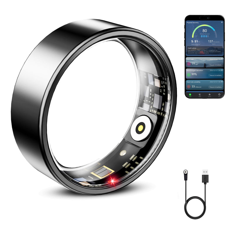 Mirlray Smart Ring for Women & Men, Smart Ring Health Tracker, Blood Oxygen & Heart Rate Monitor, Long Lasting Battery Sleep Ring, Waterproof Fitness Ring (Black, 6)
