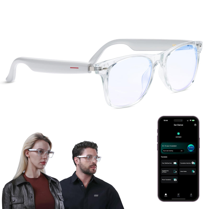 AI Smart Glasses, Translator, Open-Ear Bluetooth Audio, White TR90 Frame | Real-time AI interpreter & translator, open-ear speakers, auto on/off wear sensor, touch control, for men & women