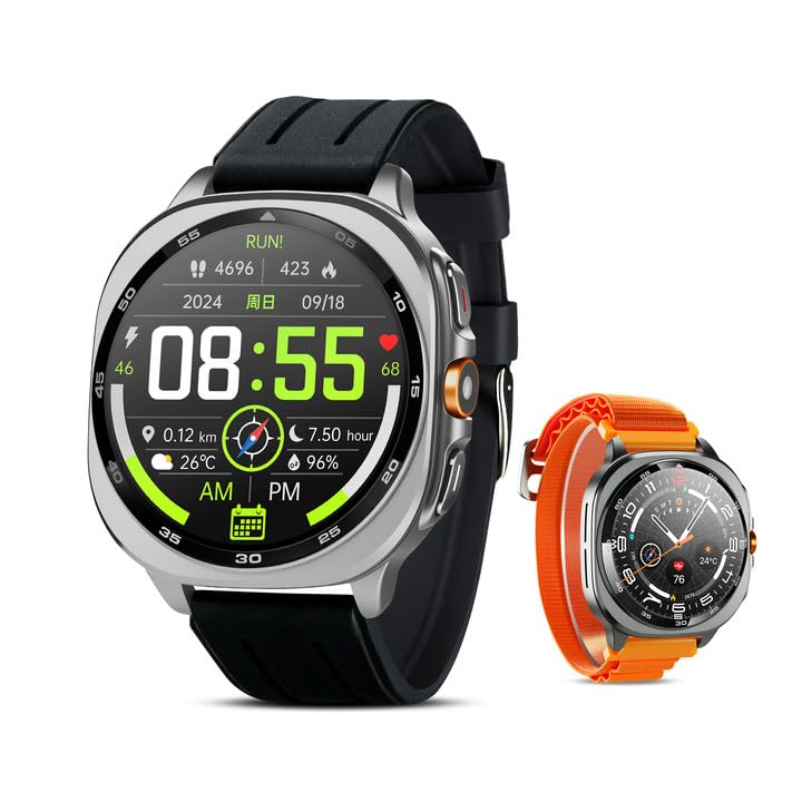 GPS Smart Watch for Men 1.43-inch HD AMOLED 3ATM Waterproof 530mAh Large Battery 100+ Sport Modes Flashlight Answer/Make Calls smart Watch for Android iOS Fitness and Sports Watch(2 Bands) Braided and silicone Strap