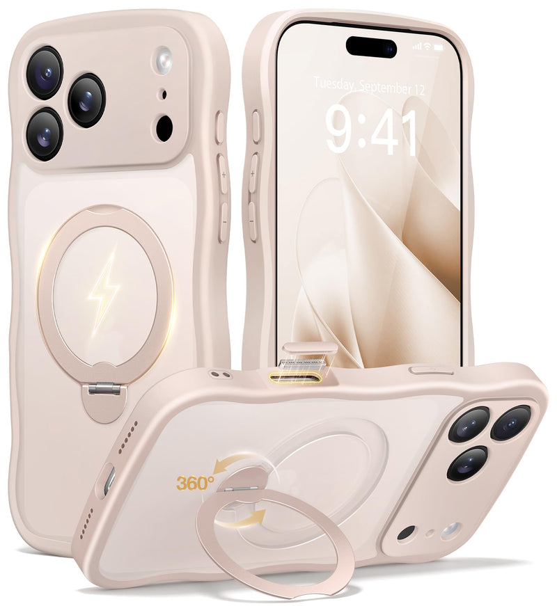 CAPRARO for iPhone 17 Pro Max Case with Magnetic Stand, Rose Gold | 360° Spin Magnetic Stand, [Compatible with MagSafe] [Full Camera Protection] Cute Wave Translucent Matte Phone Case For Iphone 17 Pro Max (6.9 Inch, 3 Lens)