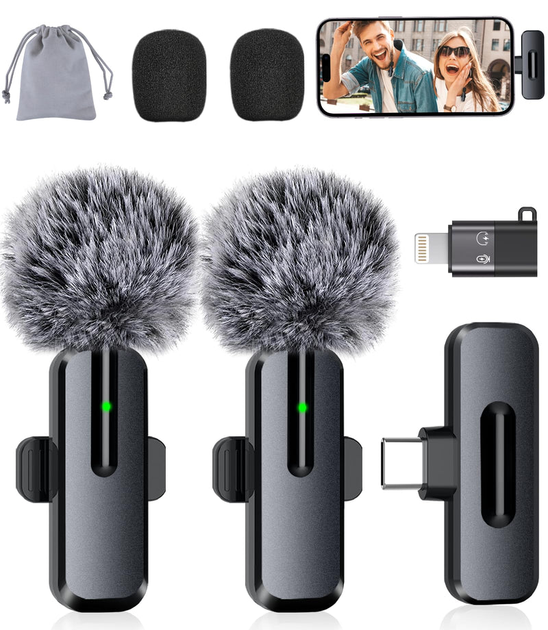 [AUSTRALIA] - Wireless Mini Microphone for iPhone - 2 Pack Lavalier Bluetooth Microphone for Video Recording, 2 in 1 Noise Reduction Lapel Mic for Ipad, Android,Clip-on Mini Mic for Content Creators Podcast Black-(USB-C + Lightning) 