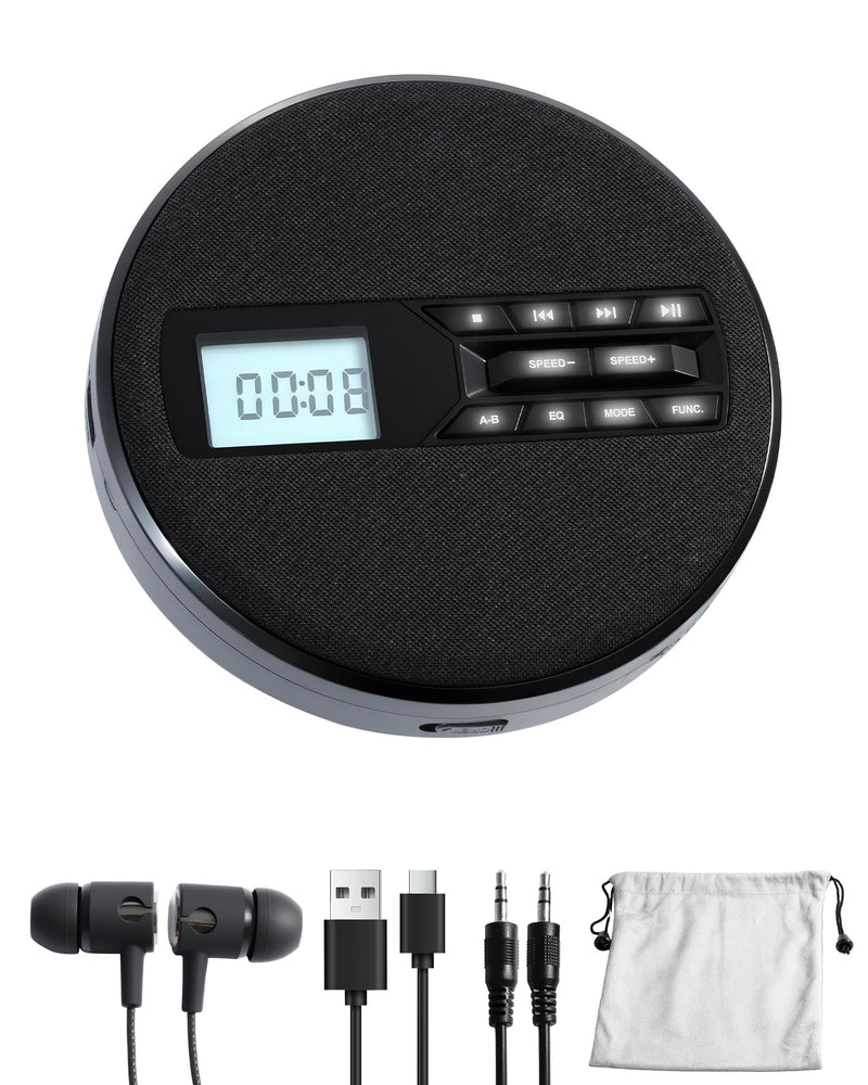 [AUSTRALIA] - CD Player Portable with Speakers - Rechargeable Personal CD Player for Car and Home, Small Fabric Music Player with Backlit Display, Anti-Skip, AUX/USB Port - Ideal for Audiobooks & Gifts Black 